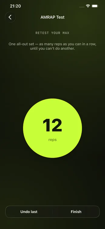 MaxPull AMRAP retest screen counting an all-out set