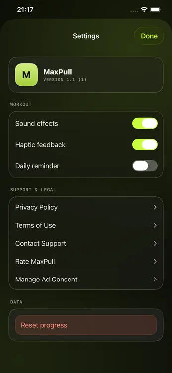 MaxPull settings screen showing sound and haptics toggles, support links and no account section